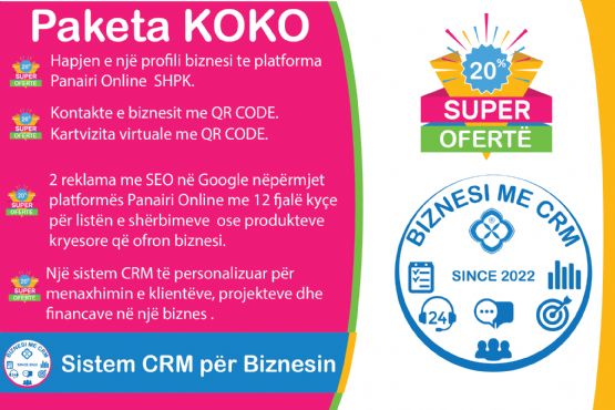 Paketa KOKO per Sistem CRM për biznesin për menaxhimin e klientëve, projekteve, dhe stafit. Ky sistem ofrohet nga platforma Panairi Online CRM